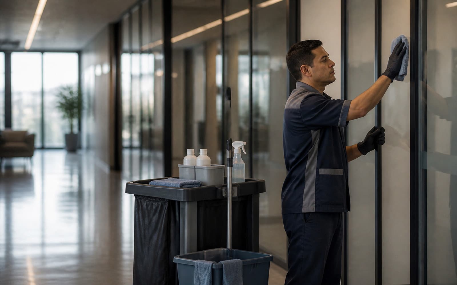 Auxiliar de aseo trabajando en un hall corporativo