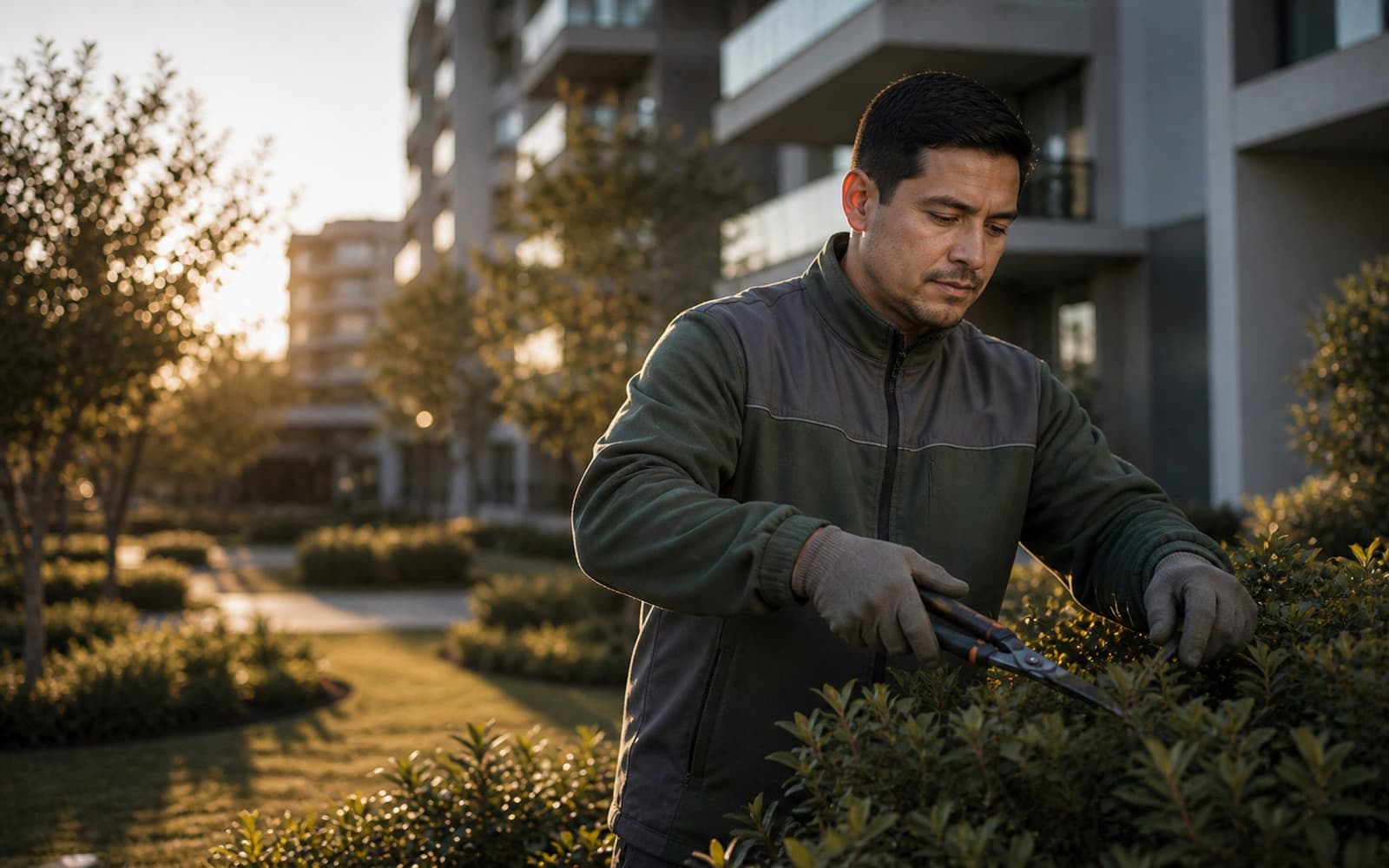 Jardinero manteniendo las áreas verdes de un condominio