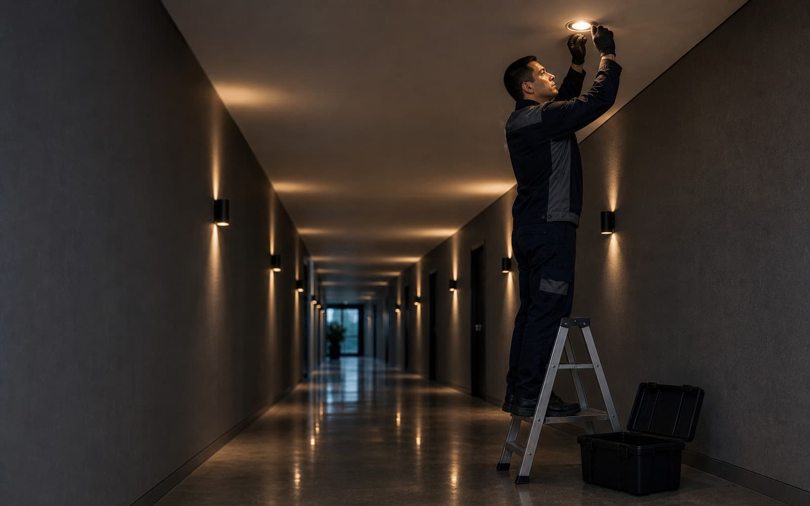 Técnico de mantención reparando una instalación de un edificio